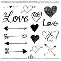 Ink hand-drawn doodle love set. Heart and arrow. Royalty Free Stock Photo